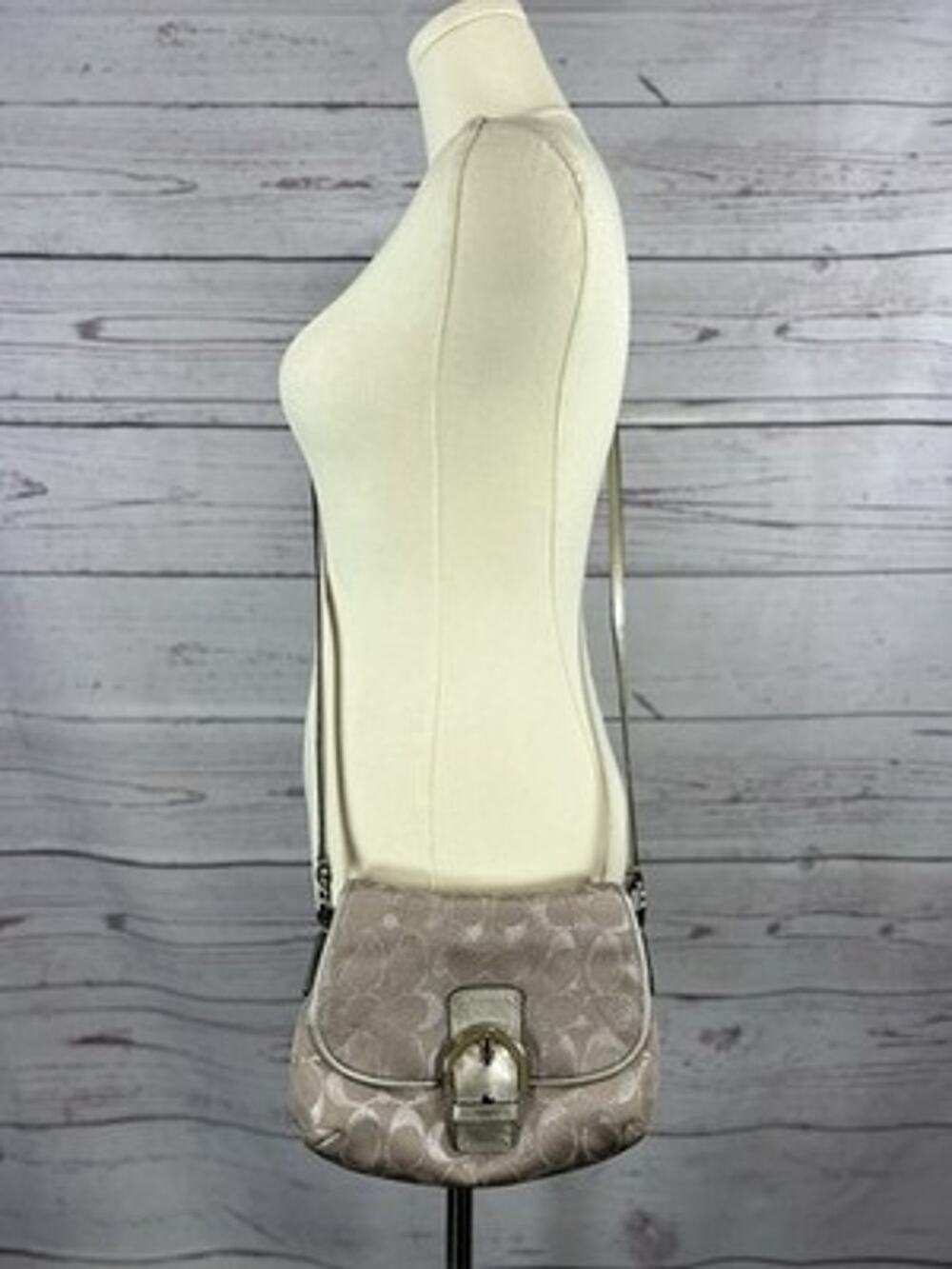 Coach Signature Jacquard Metallic Silver Small Crossbody Bag Buckle Flap